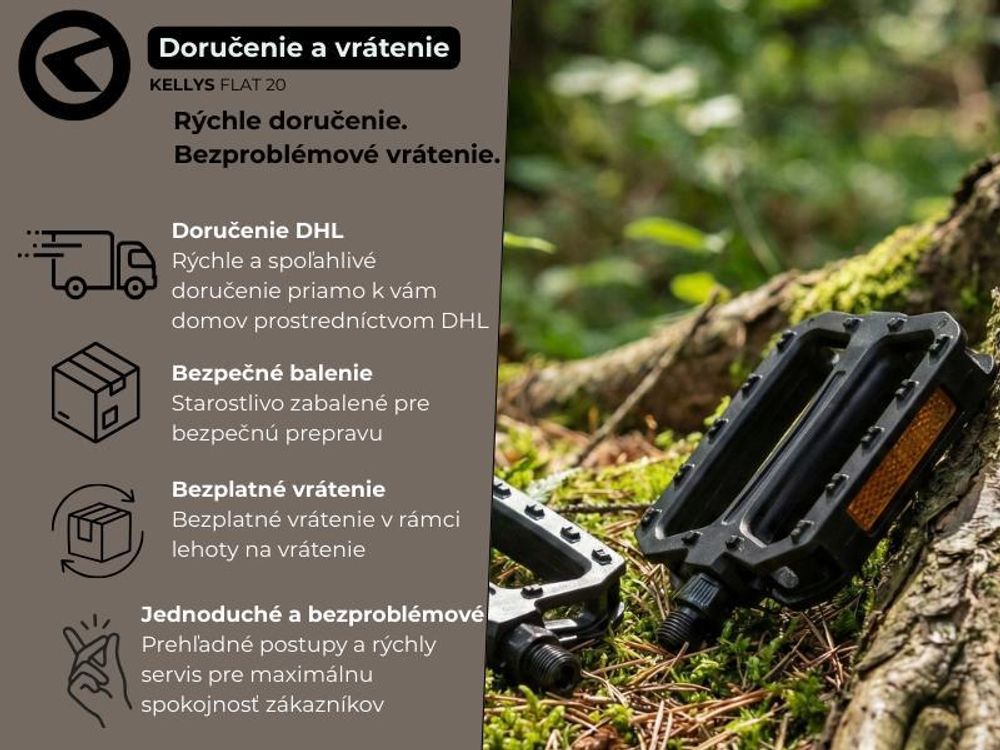 Kellys KLS FLAT 20 - ľahké platformové pedále z termoplastu pre bicykle BMX a mestské bicykle, s oceľovou osou a ložiskami SPB