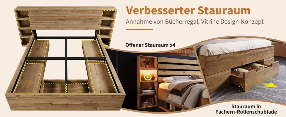 okwish Doppelbett Massivholzbett 160×200, Stauraumbett Bettanlage mit LED-Beleuchtung und USB C Stauraum-Kopfteil und Schubladen, Bettgestell Lattenrost aus Holz, Eiche (Ohne Matratze)