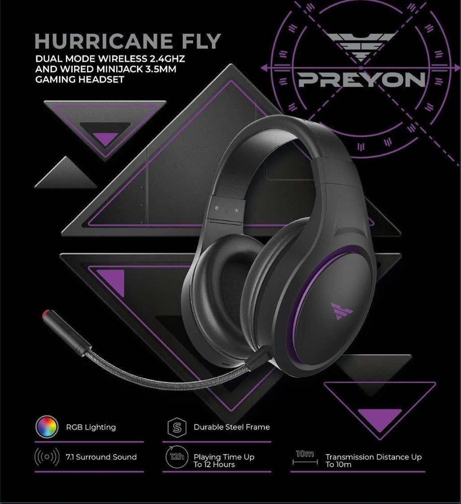PREYON Hurricane Fly Gaming Headset Wireless Kabellos Kopfhörer mit Mikrofon 7.1 Surround Sound PC PS5 Headset USB 3,5mm Klinke RGB Beleuchtung 12 h