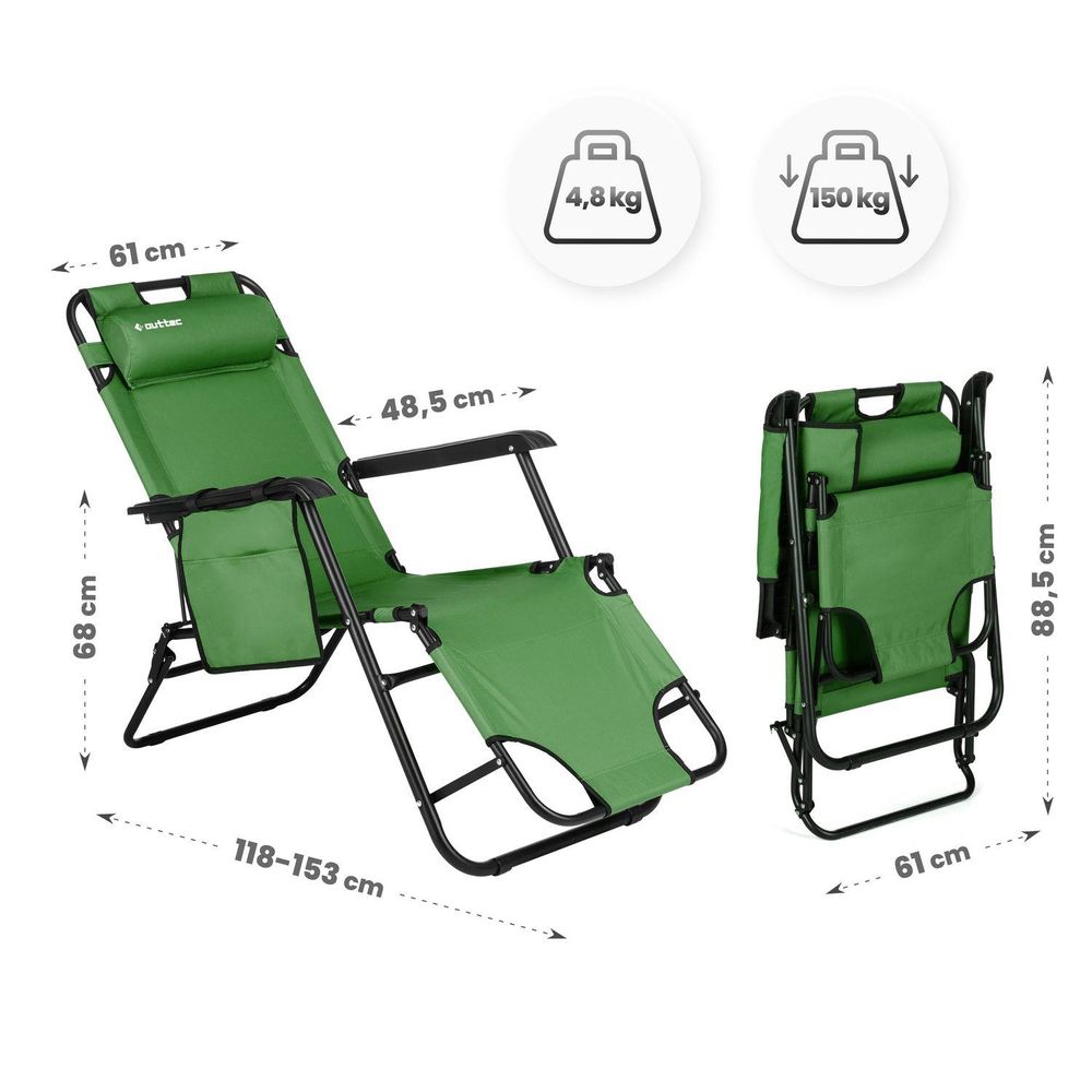 Abmessungen (61x88,5 cm gefaltet) und Gewicht (4,8 kg) des grünen Liegestuhls