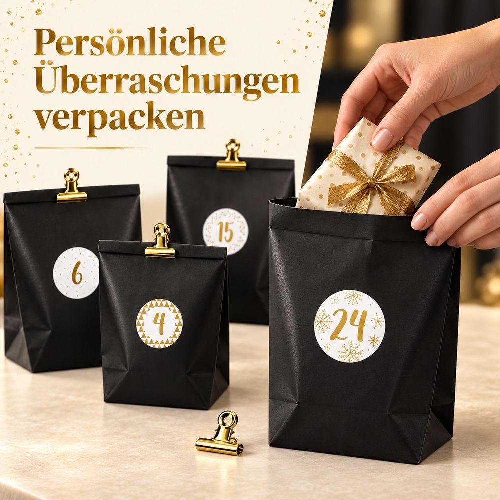 Hände legen ein verpacktes Geschenk in eine schwarze Papiertüte