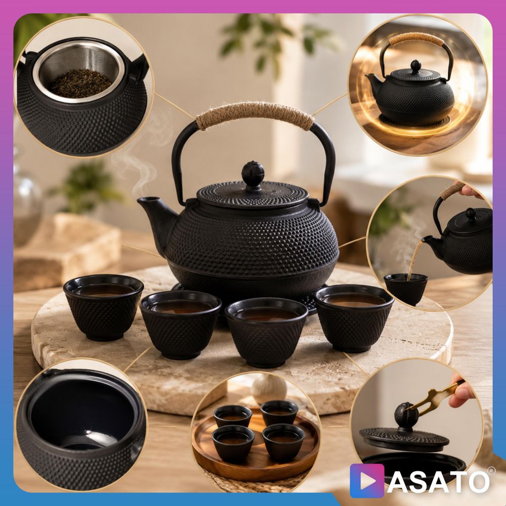 ASATO Gusseisen-Teekanne 0,9 l Set mit 4 Teeschalen und Edelstahlfilter