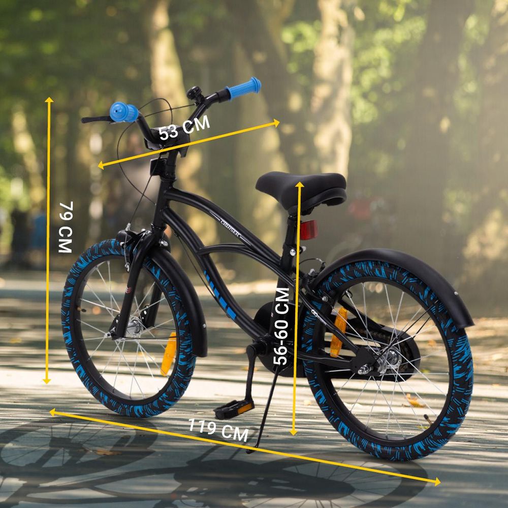 Actionbikes Kinderfahrrad Cruiser 18 Zoll | Kinder Jugend Fahrrad - V-Brake Bremsen - Kettenschutz - Seitenständer - 5-8 Jahre (Schwarz/Blau)