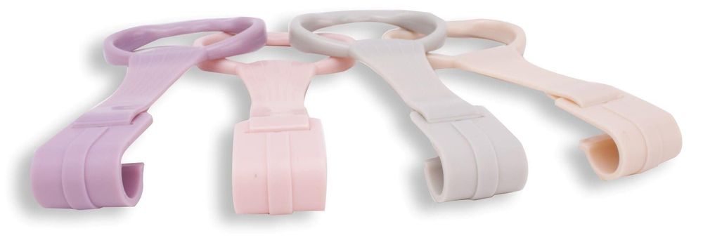 Vier Sun Baby handgrepen in zachte kleuren naast elkaar