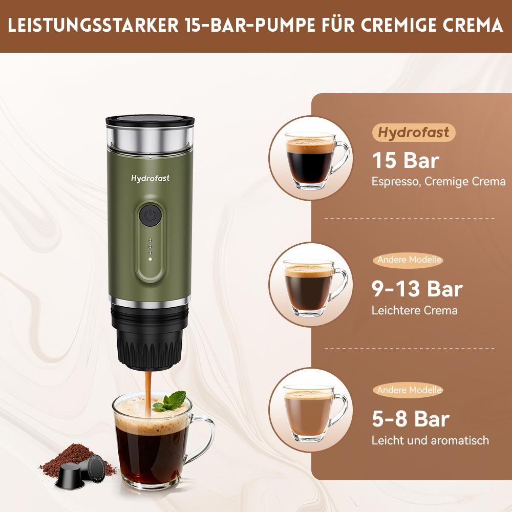 Hydrofast PO-100 tragbarer Espressomaschine, 15bar, 7800mAh, 2-in-1, Heißwasser, kompakt, Armeegrün