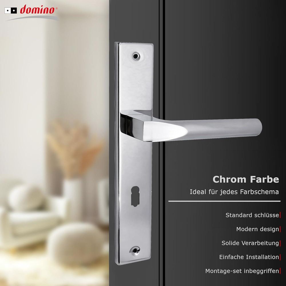 Domino Türgriff CONO M6 72 BB-Buntbart Drückergarnitur Langschild für Zimmertür, Bürotür, Kellertür, Innentür, L-Form, Aluminium glänzendes Chrom