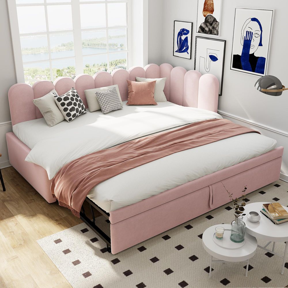 Merax Polsterbett L-Schlafsofa 2-in-1 Ausziehbar Einzelbett mit Lattenrosten, Doppelbett aus Samt, Push-Pull, Kinderzimmer, Gästezimmer, Rosa