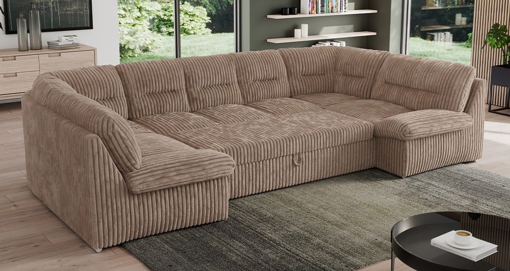 braun Ecksofa aus weichem cord-Stoff. Foto zeigt Schlaffunktion