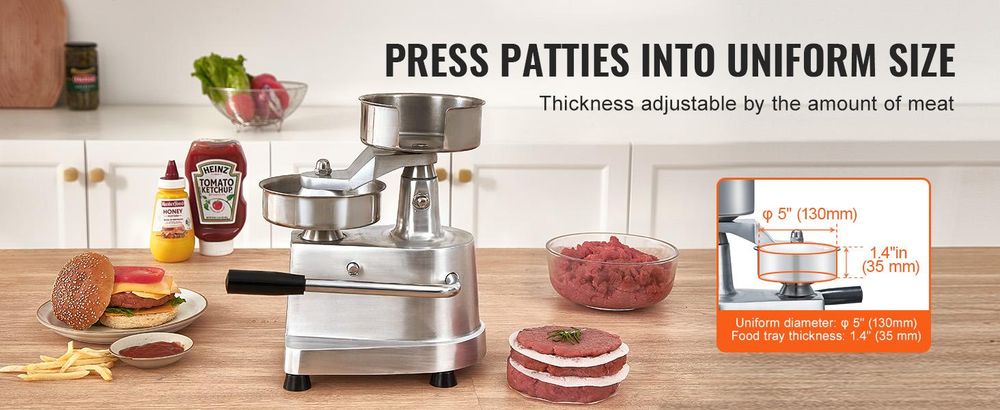 VEVOR Gewerblicher Burger-Patties-Maker, Hamburger-Rinderpatties-Maker mit 3 umwandelbaren Formen (4/5/6 Zoll), Hochleistungs-Edelstahl-Burgerpresse, Fleischformmaschine mit 1500 Patties-Papieren, 130 mm, 5 Zoll