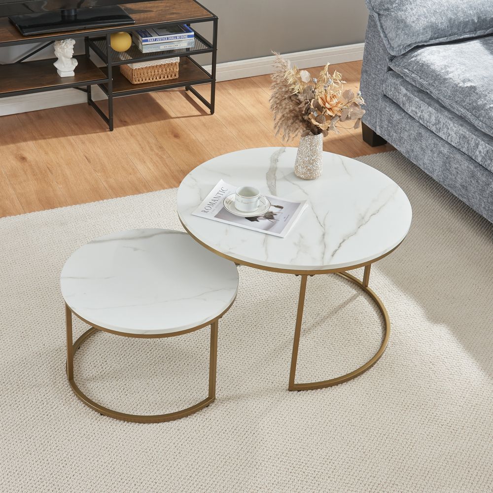 Couchtisch ’Christchurch’ 2er Set Satztisch Metallgestell Marmoroptik, Weiß/Gold