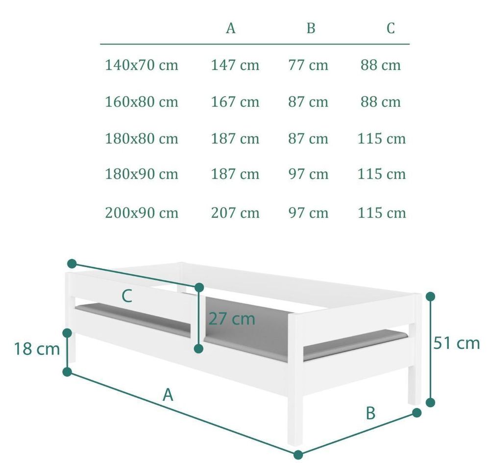 Łóżeczko dziecięce MIX 180 x 80 z barierką zabezpieczającą i stelażem z listew, białe, 80 x 180, dla dziewczynek i chłopców, z materacami, bez szuflad