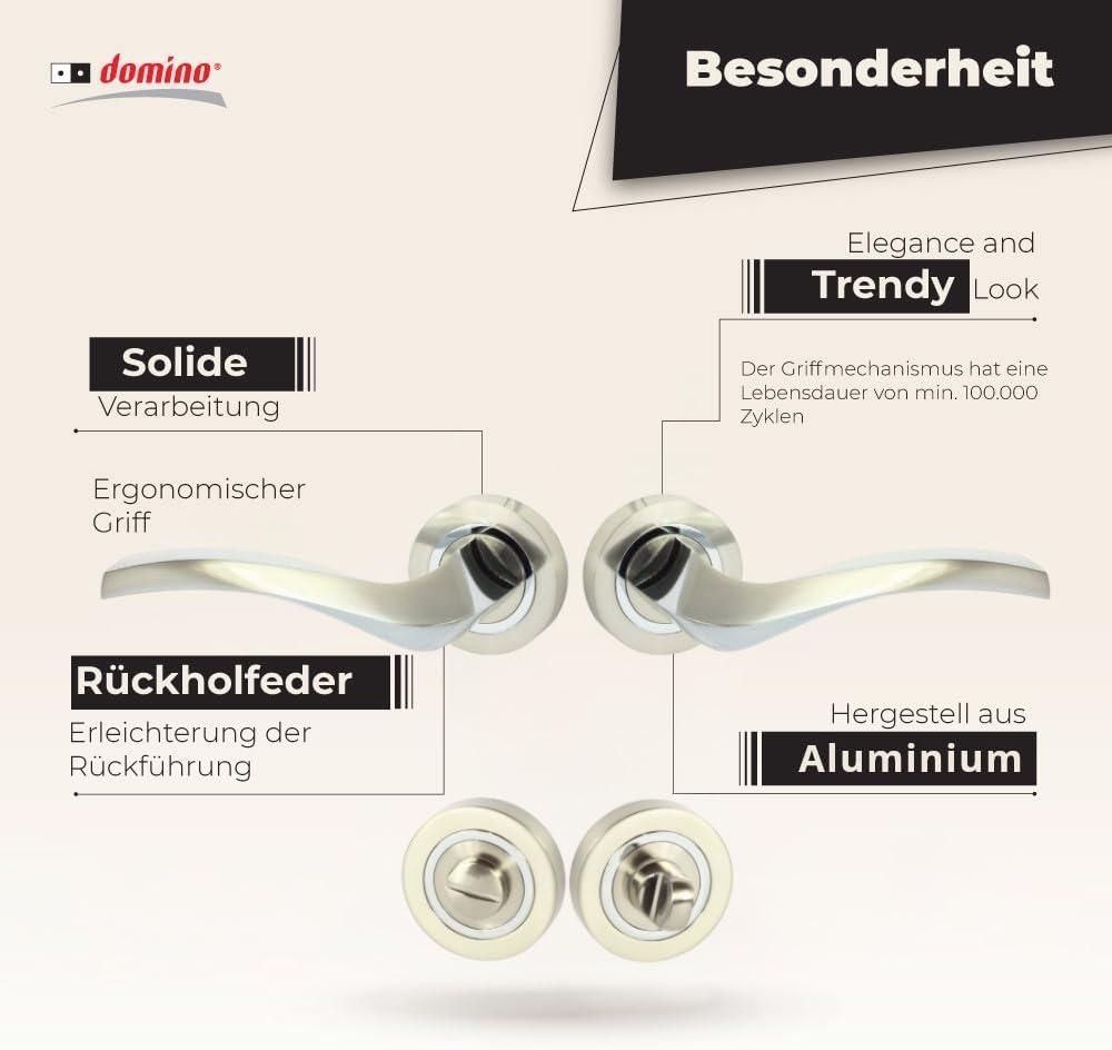 DOMINO Türgriff Drückergarnitur WC - Badezimmer Set | Rund-Rosette | Türbeschlag für Badezimmertüren | Set WC - Rosetten-Garnitur | Türklinke aus Aluminium | Chrom/Nickel Türdrückergarnitur | ENIGMA-R M6/M9