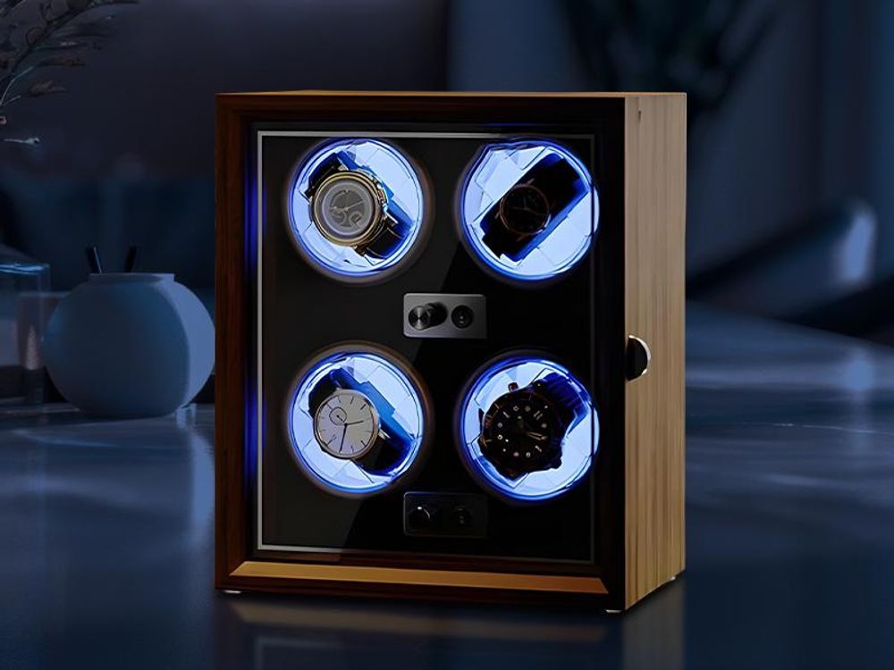 Olvy Uhrenbeweger für 4 Uhren, LED-Beleuchtung, Watchwinder Box Holz, Extrem Leiser Mabuchi Motor, Flexiblem Uhrenkissen, Watch Winder