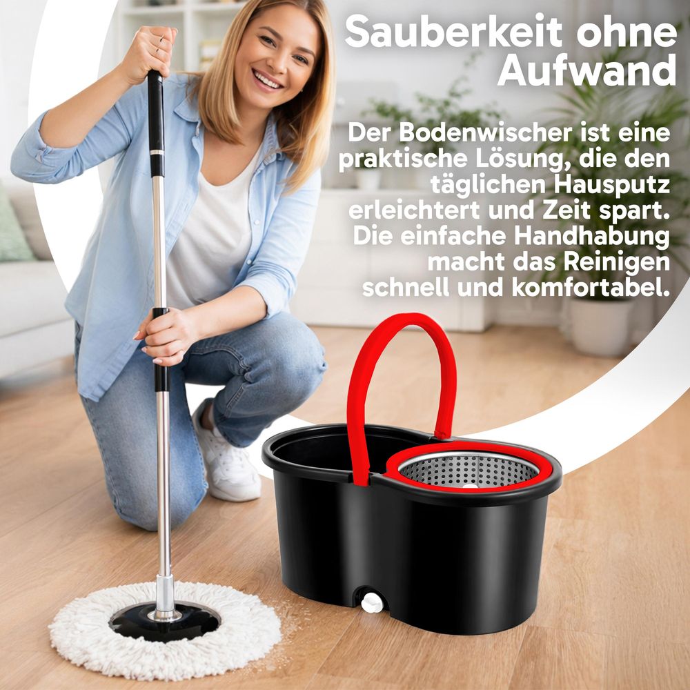 Schleuderwischmopp Set Mit 360° Drehkopf Teleskopstiel Edelstahl Eimer Mit Pedalwringer Schwarz Rot, Retoo