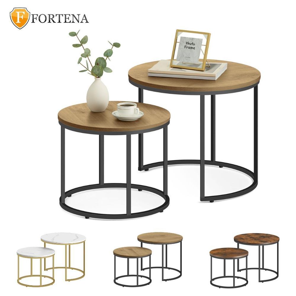 FORTENA Couchtisch Set 2er Rund, Eiche Optik/Schwarz, Metall
