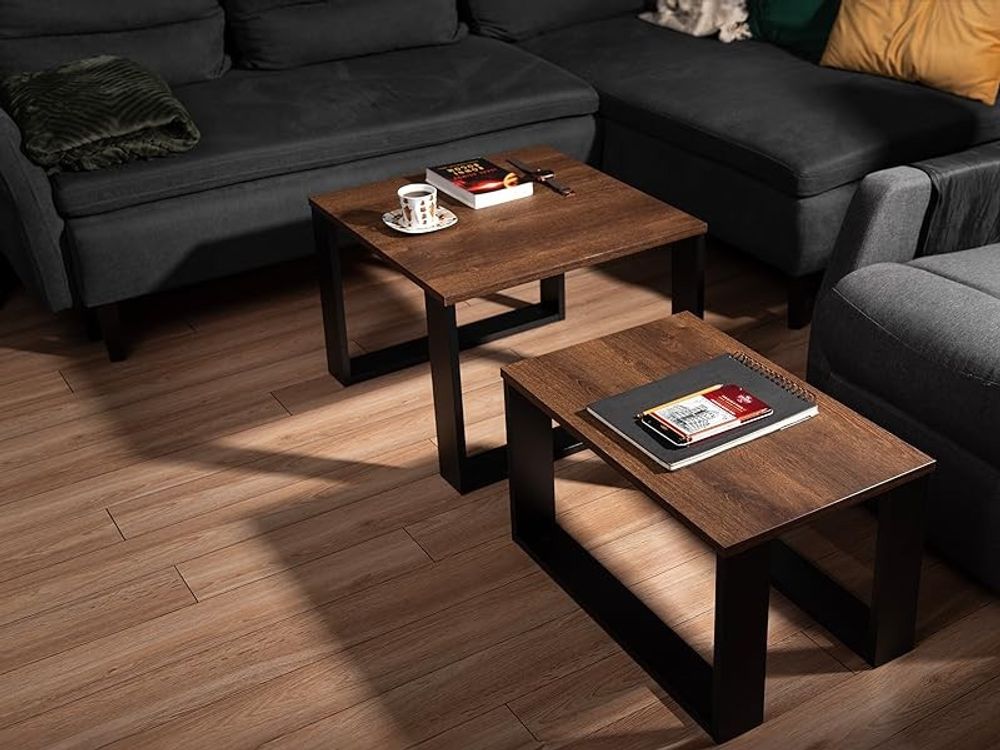 Lehmann Couchtisch 2er Set in 2 Größen für das Wohnzimmer, mit Holzplatte und schwarzem Gestell