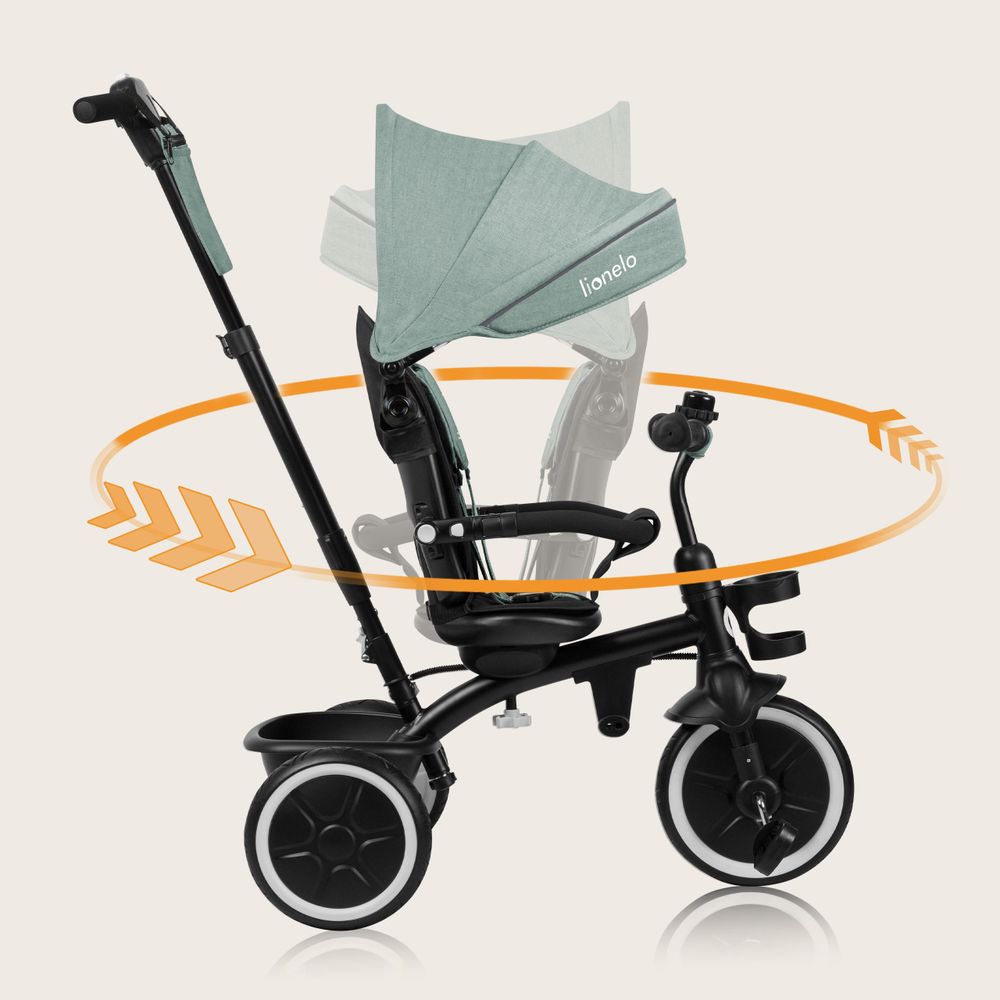 Multifunktionales Dreirad und Kinderwagen Lionelo Berry von 9 Monaten bis 5 Jahren bis zu 25 kg Große PolyurethanRäder, Dreirad-Drehsitz 360° Grün
