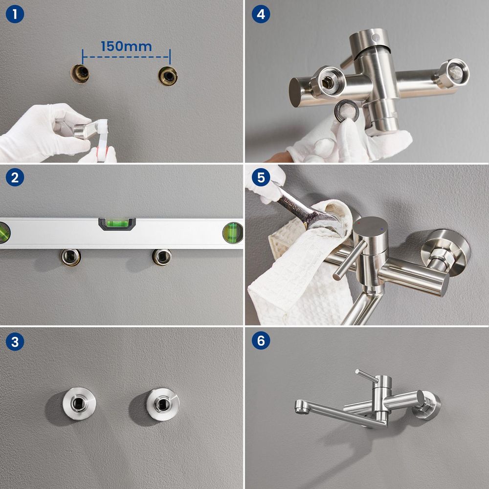 Spültischarmatur Wandmontage, 360° Drehbar 304 Edelstahl Küchenarmatur, Neoperl Spar-Perlator, Zweiloch, Cecipa Wasserhahn Küche, Gebürstet