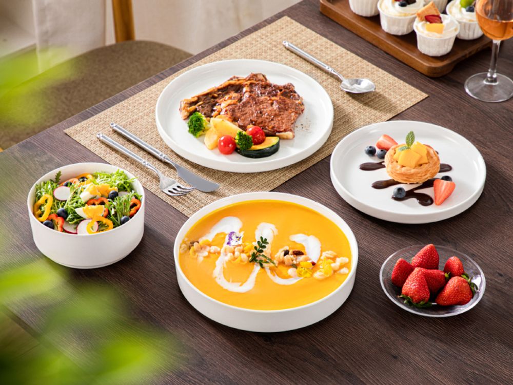MALACASA, 16 tlg. Porzellan Geschirrset Kombiservice Tafelservice mit je 4 Speiseteller, Dessertteller, Suppenteller, Schale, cremeweiß