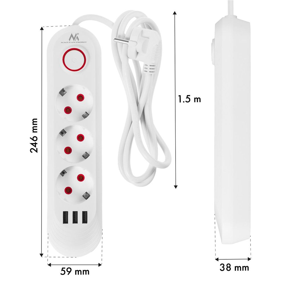 Maclean Steckdosenleiste 3-Steckdosen-Verlängerungskabel + 3xUSB 110-240V AC 50/60Hz 2,1A max 2500W 1,5m weiß MCE394 W