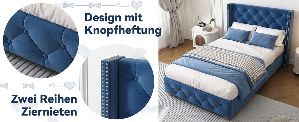okwish Polsterbett Einzelbett 90×200cm mit Lattenrost und Kopfteil, Knopfpolsterung, Nietenpolsterung, Samt, Blau,Ohne Matratze
