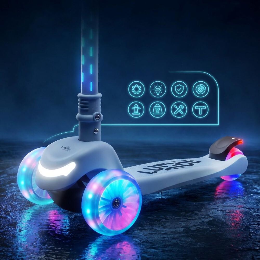 Patinete Sun Baby LUMI RIDE con detalles de manillar ergonómico y plataforma antideslizante.