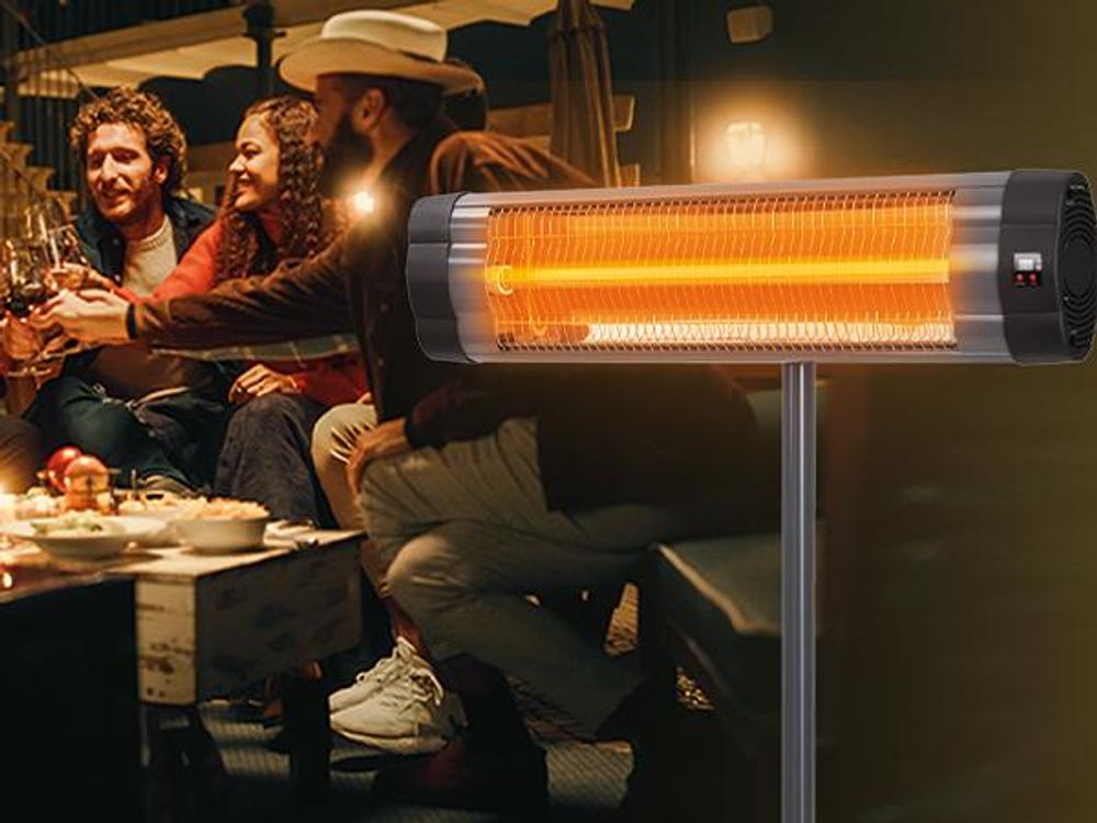 Heidenfeld Infrarot-Heizstrahler IH100 | Standheizung - Terrassen Heizung - Heizung Elektrisch - 3 Stufen - Stativ Höhenverstellbar - Fernbedienung