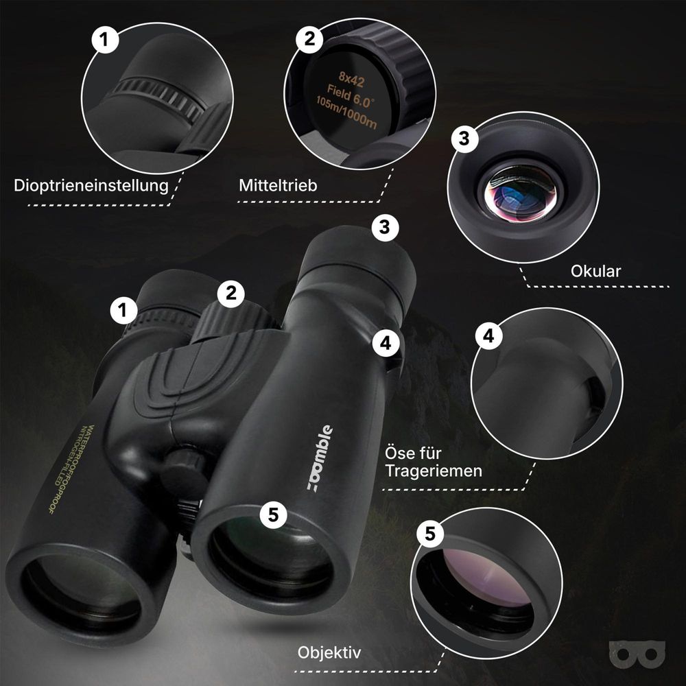 Zoomble® Fernglas PRO 8x42 mit Tragetasche – BaK-4 HD-Optik – FMC-Vergütung – inkl. E-Book – Wasserdicht & Staubdicht – Für Vogelbeobachter, Outdoor & Wandern