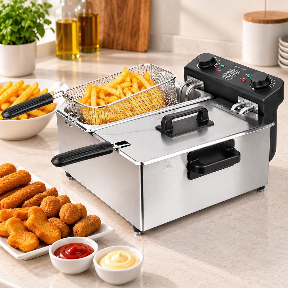 Edelstahl-Doppelfritteuse mit Pommes, frittierten Snacks und Dips auf einer Küchenarbeitsplatte.