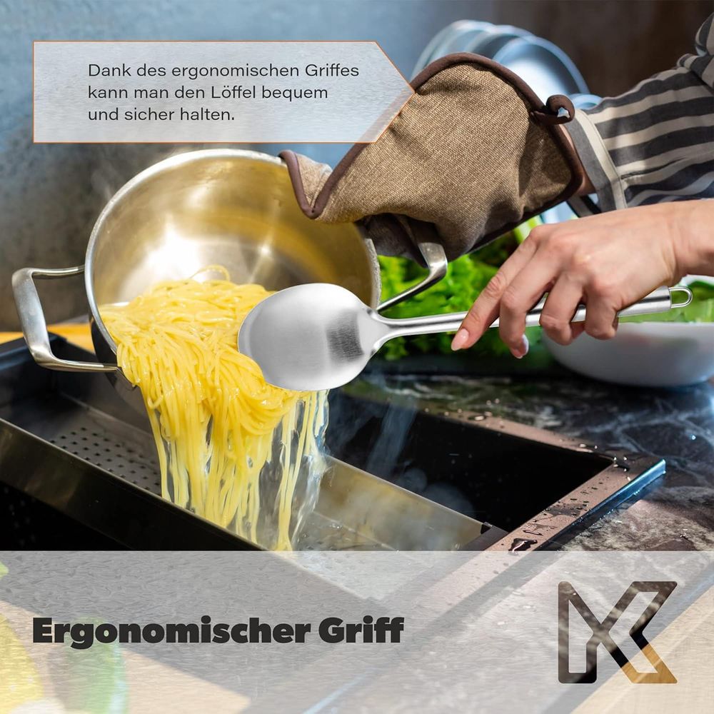 KADAX Servierlöffel "Thiat", großer Salatlöffel aus Edelstahl, langer Stiel, silber, 33 cm, 2 Stück