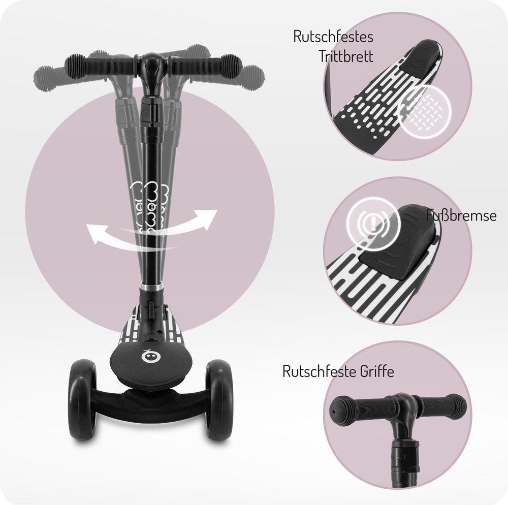 MoMi SAN 2-in-1 3-Rad-Kinderroller – höhenverstellbarer Lenker 60/66/72 cm, klappbar, LED-Räder, ABEC-7, Trittbremse, 2,7 kg