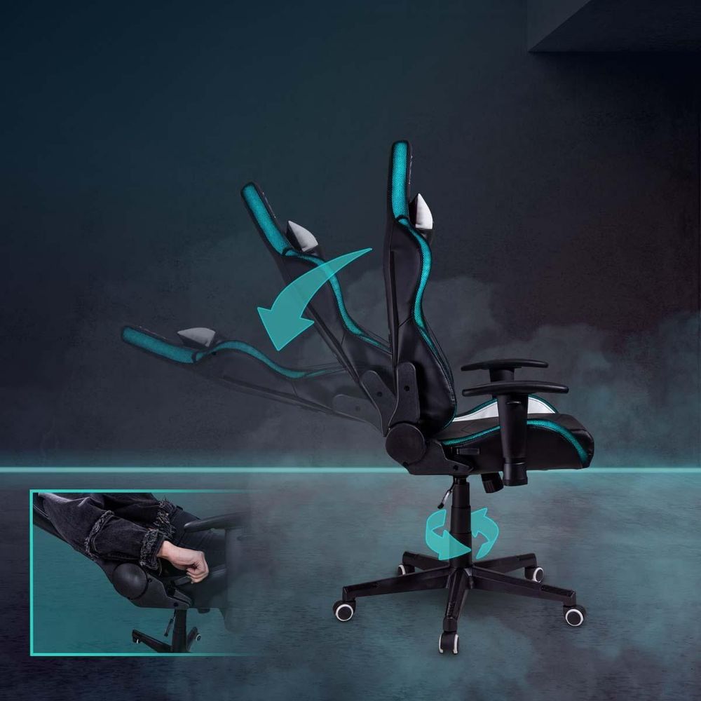 Elite Gaming Stuhl | Ergonomischer Bürostuhl - Schreibtischstuhl - PC Gamer Racing Stuhl - Gaming-Stuhl - Gamer Sessel - Kopfstütze (Schwarz/Blau)