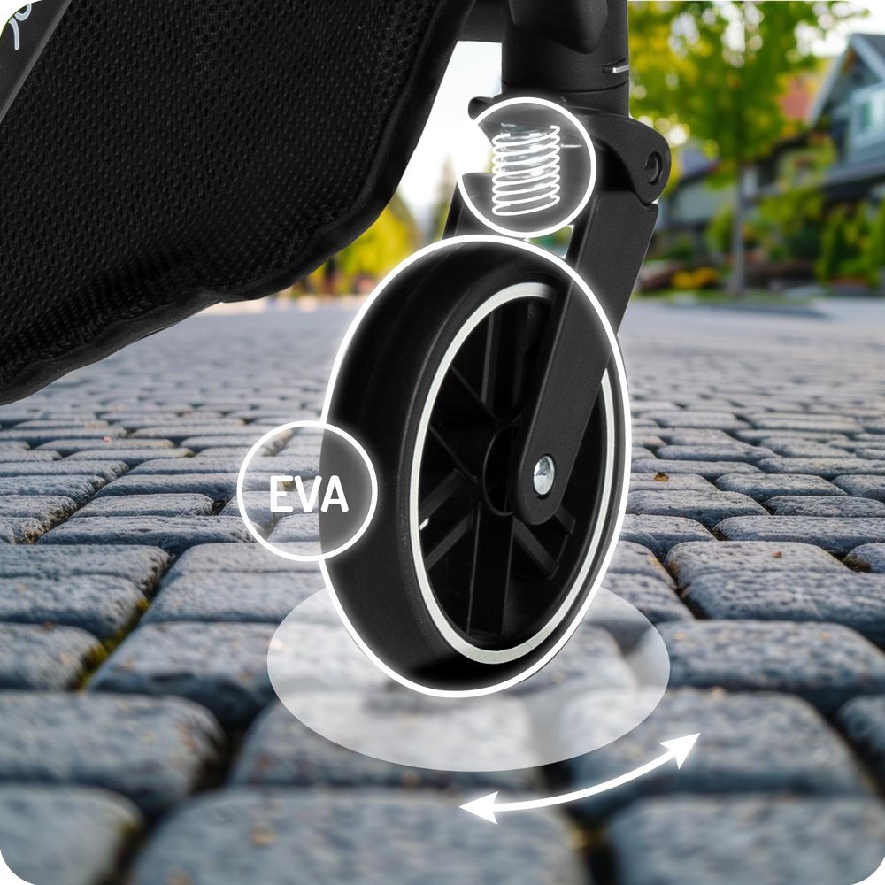 MoMi ESTELLE LIGHT – Ultraleichter Baby Kompaktbuggy 7,7 kg mit Einhand-Faltung, Trolley-Funktion & XL-Dach, ideal für Reisen – Schwarz/Silber