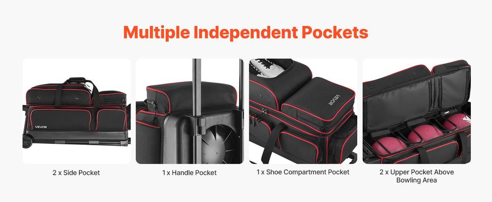 VEVOR Bowlingballtasche, 2-Ball-Doppelroller-Bowlingtasche mit Rädern, mit einem separaten Fach für Schuhe (bis US-Größe 16) und übergroßer Zubehörtasche, ausziehbarer Griff bis 1050 mm, Schwarz & Rot-3 Bälle