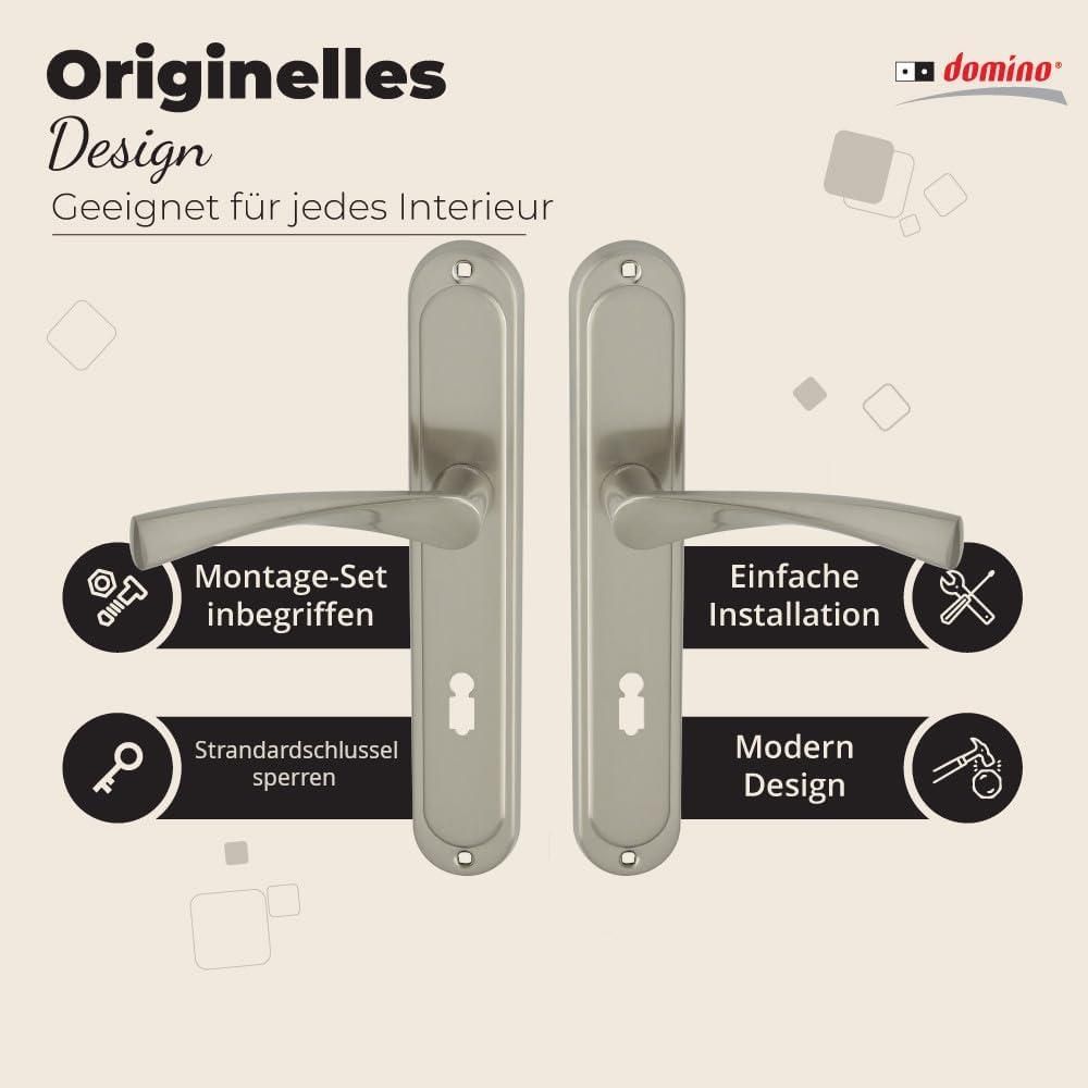 DOMINO Türgriff 72 Drückergarnitur BB-Buntbart Set | Langschildgarnitur | Türklinke für Zimmertür, Bürotür, Kellertür & Innentür | L-Form | Türbeschläge aus Aluminiuml |Nickel Türdrückergarnitur |ROMANA M9