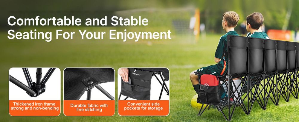 VEVOR Tragbare Klappbank, 8-Sitzer faltbare Seitenbank, Outdoor-Campingbankstuhl mit Tragetasche und Rückenlehne, Mannschaftssport-Seitenbank für Fußballangeln, kein Zusammenbau nötig, sofortige Sitzgelegenheit, schwarz