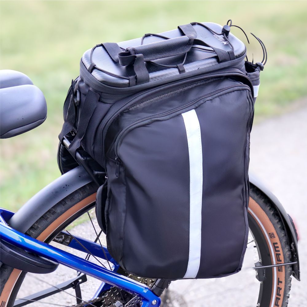 Wodoodporna torba rowerowa na bagażnik 35 l, torba bagażowa EVA Hardtop z osłoną przeciwdeszczową i paskiem na ramię, odblaskowa, EVI BIKE Adventure+ czarna