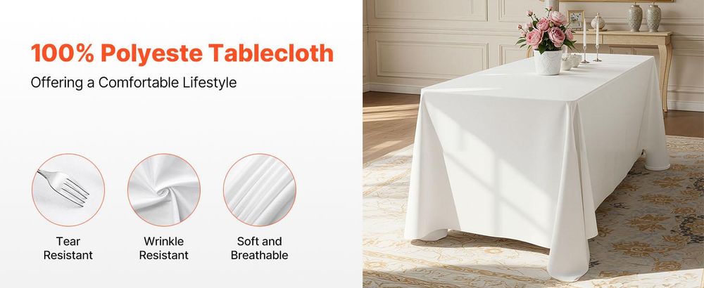 VEVOR Weiße Tischdecken für rechteckige Tische, 6er-Pack, 60 x 102 Zoll, wiederverwendbare und maschinenwaschbare Tischdecken, knitterfreies Polyestergewebe Tischüberzüge für Hochzeit, Party, Bankett, Weiß-6 Stück-c, 2286x3353 mm
