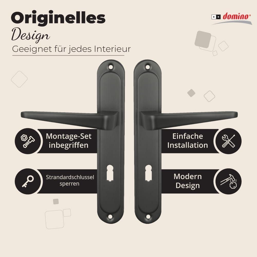 Domino Türgriff 72 Drückergarnitur BB-Buntbart Set | Langschildgarnitur | Türklinke für Zimmertür, Bürotür, Kellertür & Innentür | L-Form | Türbeschläge aus Aluminiuml | Titan | VITA M8