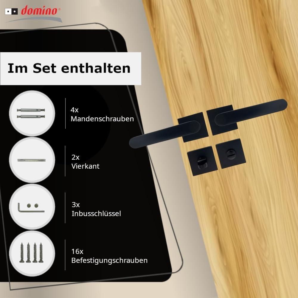 DOMINO Türgriff Drückergarnitur WC - Badezimmer Set | quadratische Rosette | für Badezimmertüren | Set WC - Rosetten-Garnitur | Türbeschläge aus Aluminium |Schwarz Türdrückergarnitur | DENVER-QR SLIM BLACK
