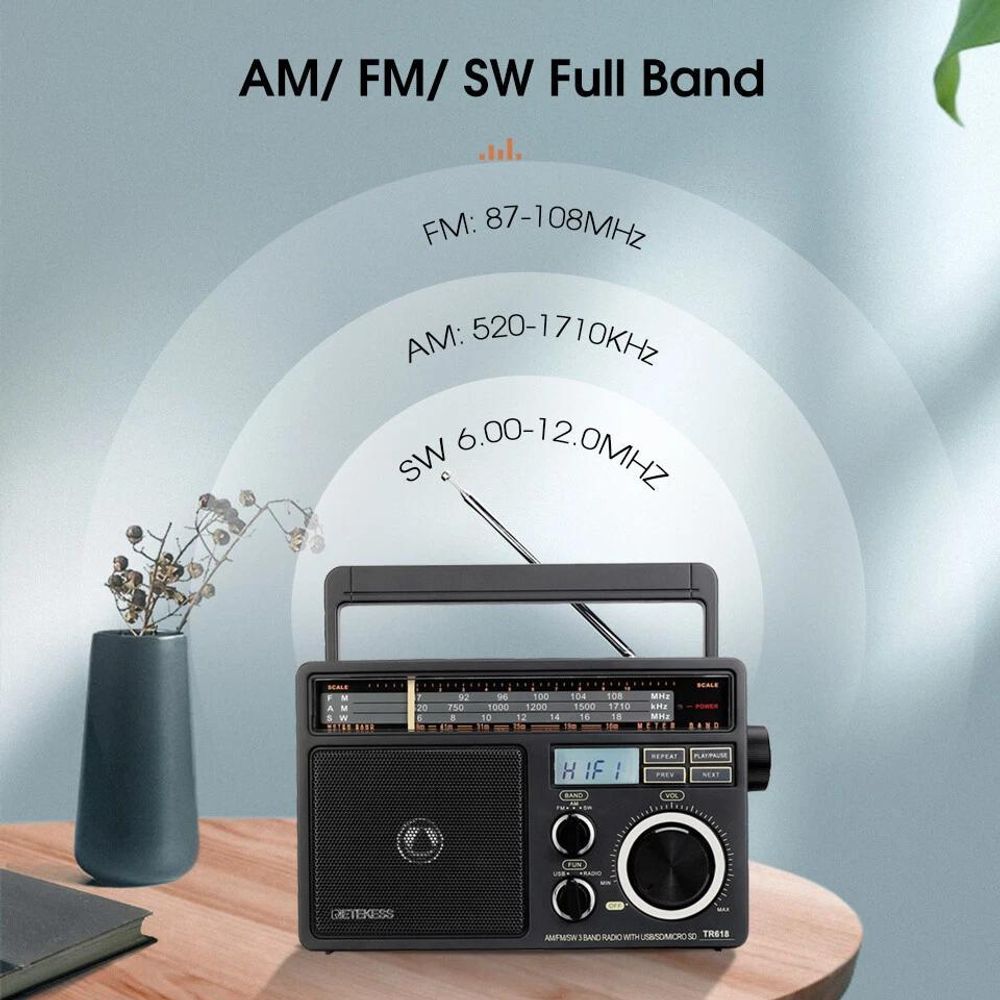 Retekess TR618 Radio Batteriebetrieben, Tragbares Radio, AM FM SW, USB SD TF, 3,5-mm-Kopfhörerbuchse, Kofferradio für Senioren, Küche
