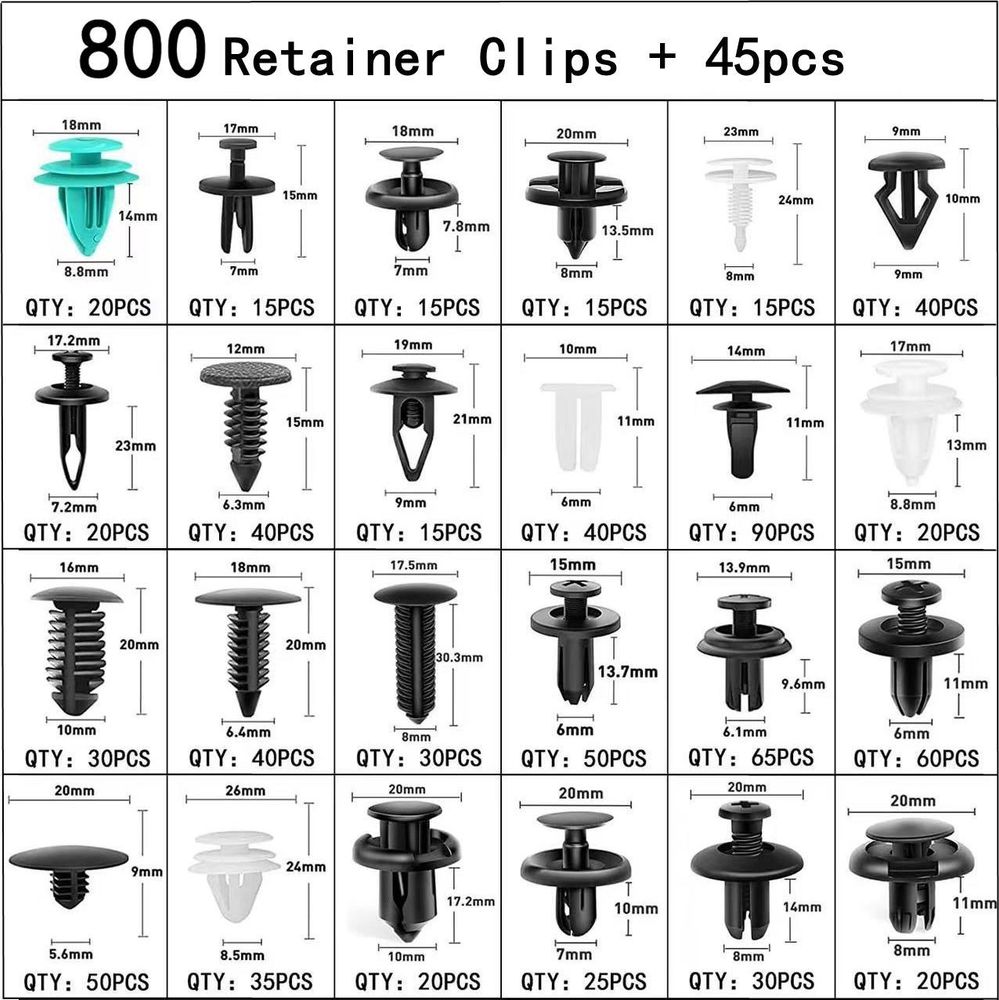 LUXTOM | Auto Befestigung Clips, 845 Stücke, Universal mit Demontage Werkzeuge, Kabelbinder und Schwam, Kunststoff Befestigungsclips Set