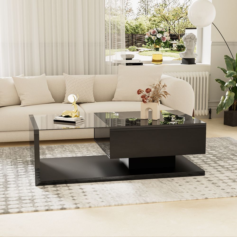 okwish Couchtisch Hochglanz Rechteckig, LED-Beistelltisch für Schlafzimmer, Wohnzimmertische mitGlas fürs Wohnzimmer, Beistelltisch mit 1 Schublade, Schwarz