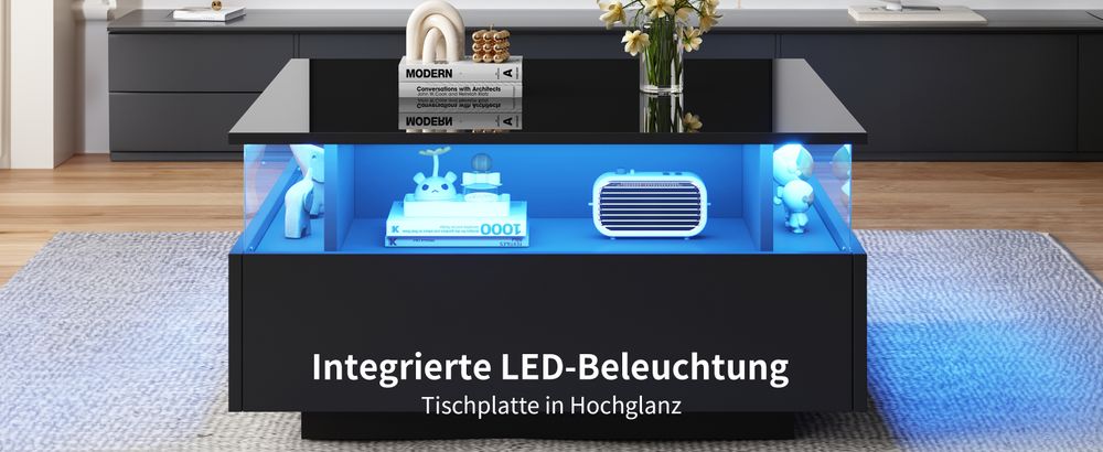 okwish Couchtisch LED-Hochglanz Beistelltisch für Schlafzimmer, Wohnzimmertische mit Stauraum fürs Wohnzimmer, Beistelltisch mit 2 SchubladenSchwarz