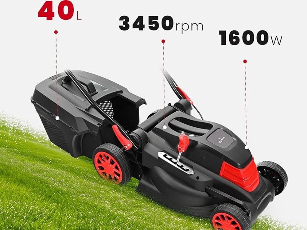 LEHMANN Elektro-Rasenmäher bis 1000 m², 1600 W, 38 cm Schnittbreite, 40 L Grasangkorb, 5-stufige Schnitthöheneinstellung von 25 bis 75 mm