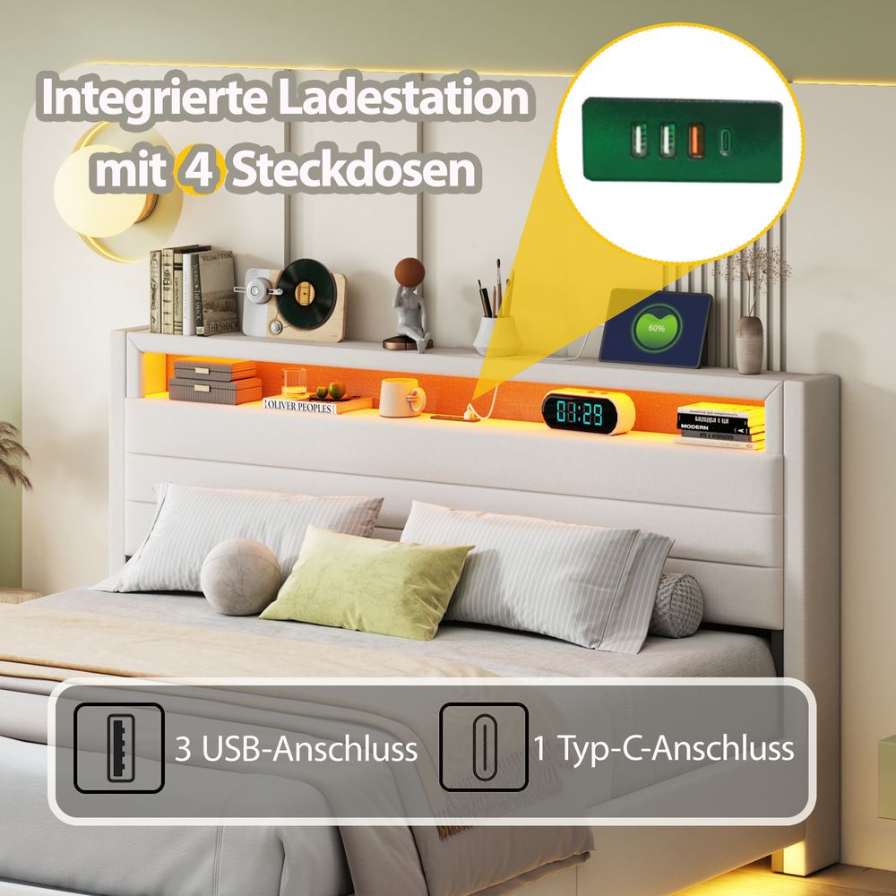 MODFU Polsterbett Hydraulisches 160 x 200 cm mit LED-Beleuchtung und USB-Steckdose, Schwebenderbett mit Wendekopfteil, hydraulisches Stauraumbett mit Bettkasten Stauraum,Beige(Ohne Matratze)