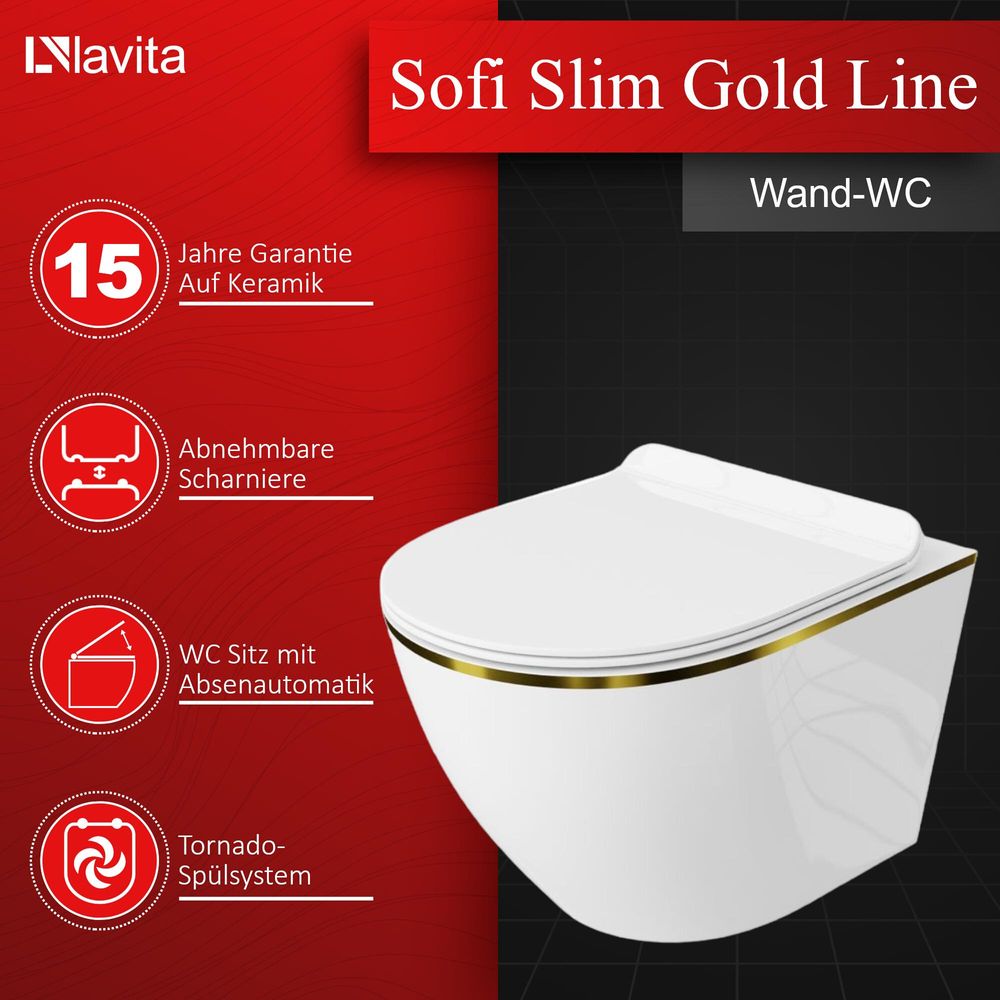 LAVITA Wand-WC Sofi Slim Gold Line|Hänge Toilette |mit Absenkautomatik & Metallscharniere | Toiletten Spülrandlos Hängend| Toilettenbecken | Weiß/Gold