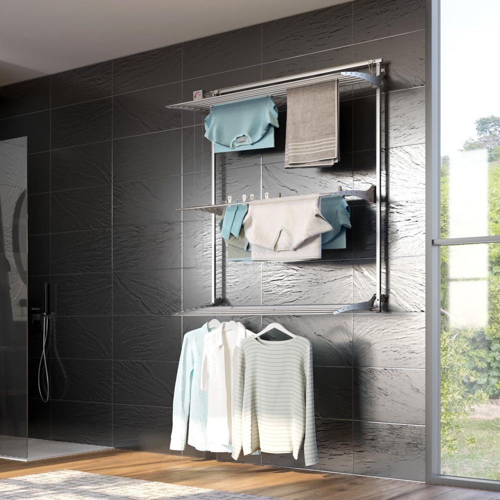 Svislý kůň na prádlo k montáži na stěnu, robustní třístupňový sušák - Foxydry Tower 152 cm Grey