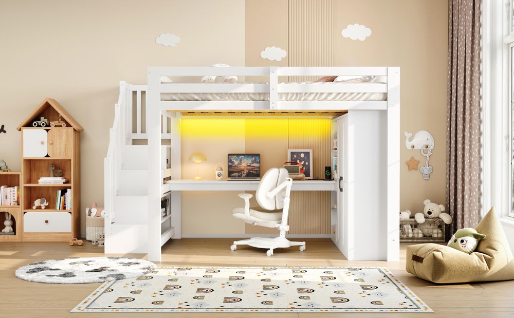 Merax Etagenbett 140x200cm, Hochbett mit Schreibtisch, Regal, Kleiderschrank, Stauraumtreppe, USB, LED, Stockbett Holz, Kinderbett, Weiß