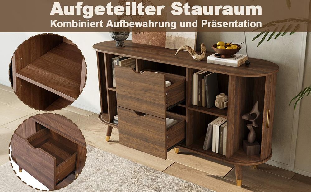okwish Sideboard mit zwei Schiebetüren und Metall-Türgriffen, Kommode mit zwei Schubladen,abgerundetes Design,Massivholzbeinen,Nussbaum